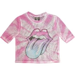 Pink Gradient Tongue Ladies Mesh Crop Top Junior Top(Rolling Stones Pink Gradient Tongue Ladies Mesh Crop Top Junior Top 449705)
