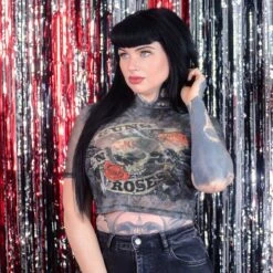 Firepower Ladies Mesh Crop Top Junior Top(Guns N Roses Firepower Ladies Mesh Crop Top Junior Top 449722) -ROCABILIA CLOTHING SALE 449722B