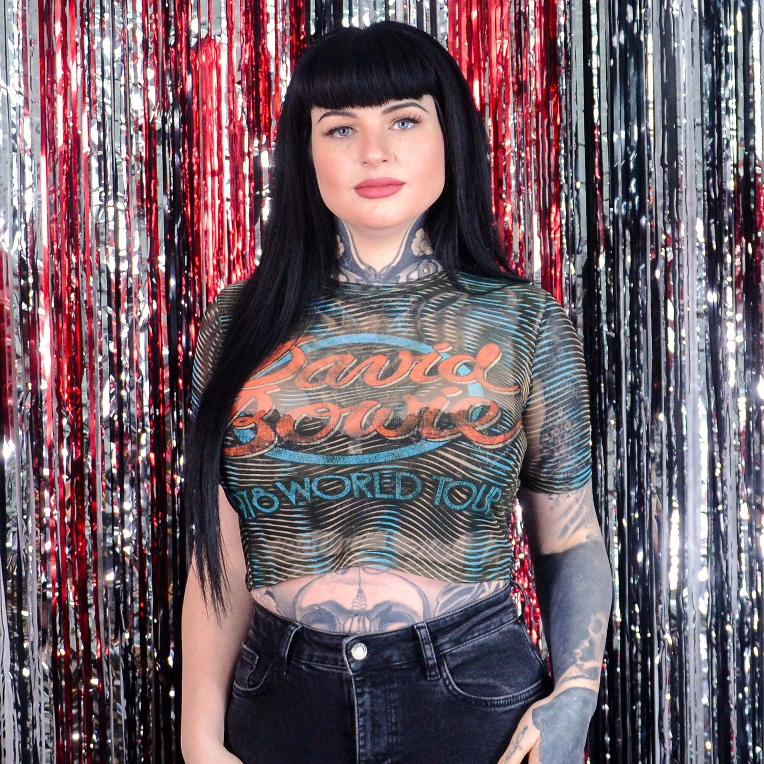 1978 World Tour Ladies Mesh Crop Top Junior Top(David Bowie 1978 World Tour Ladies Mesh Crop Top Junior Top 449725) 4 1978 World Tour Ladies Mesh Crop Top Junior Top(David Bowie 1978 World Tour Ladies Mesh Crop Top Junior Top 449725) - Image 2